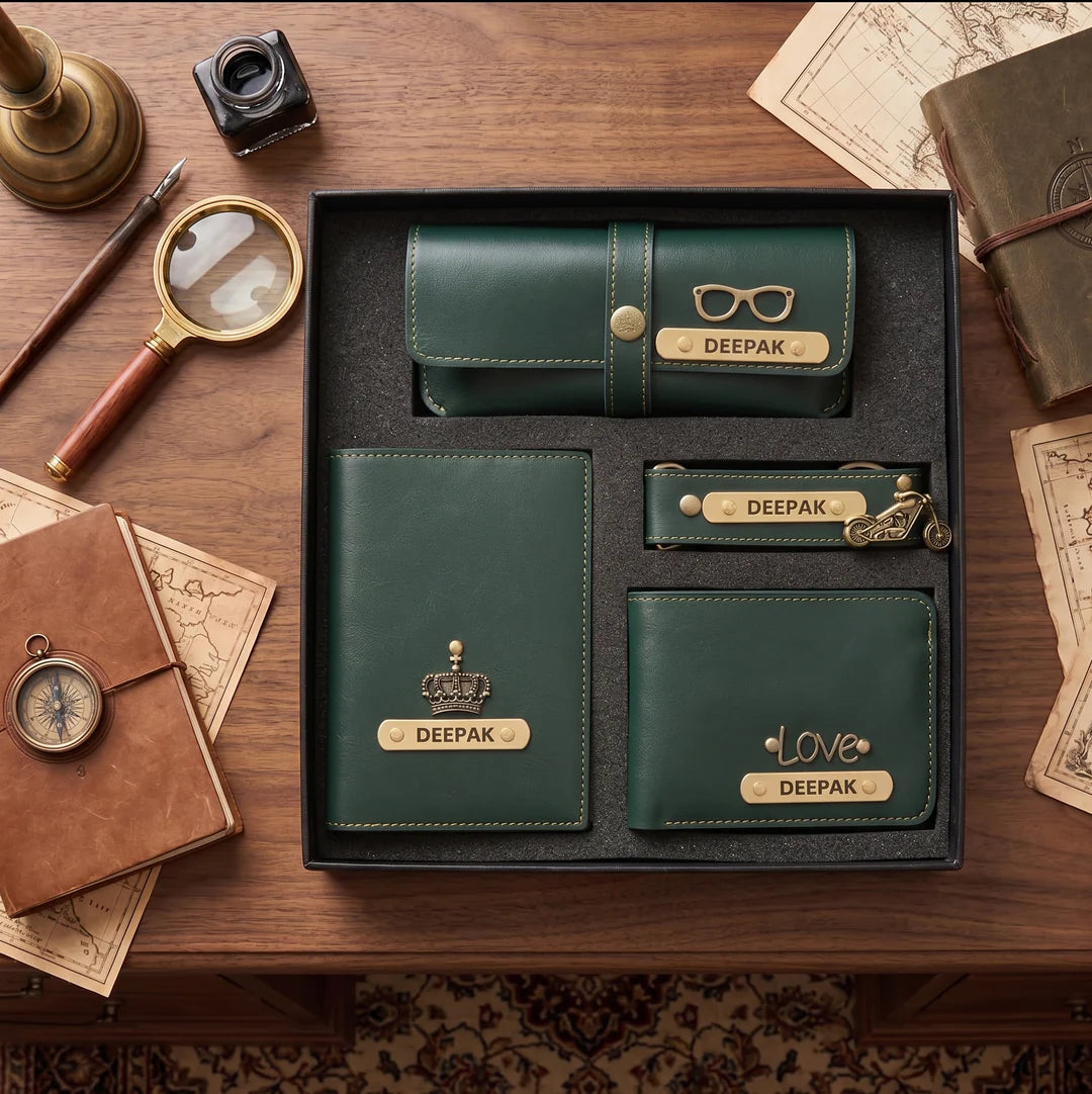 Personalised Men's Gift Set – Wallet, Eyewear Case, Keychain & Passport Cover